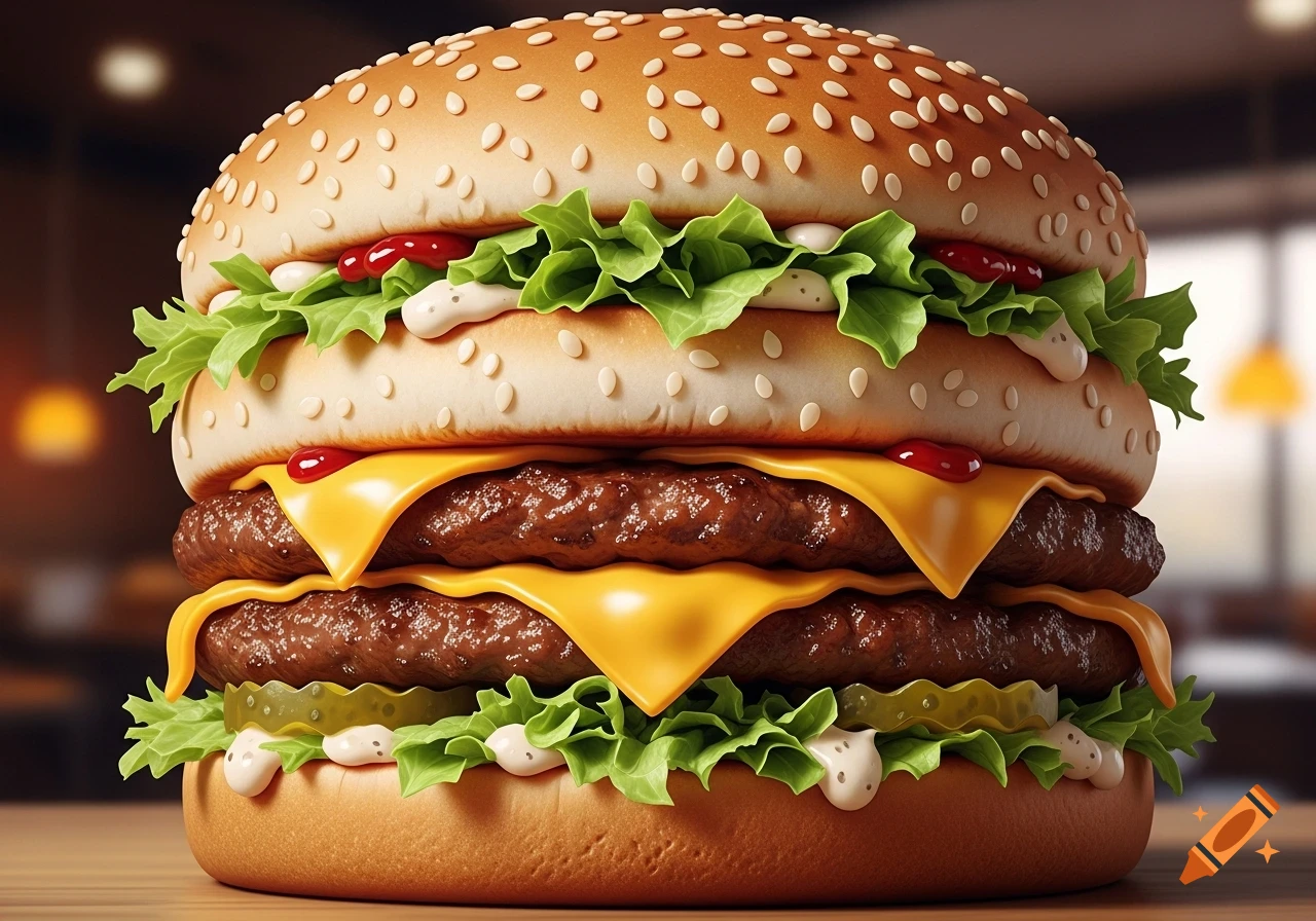 Appetizing double cheeseburger with two patties, cheese, lettuce, pickles, ketchup, and mayo on a sesame seed bun.