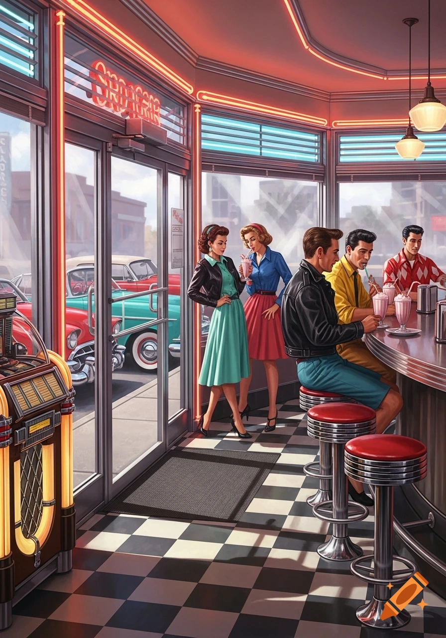Vibrant illustration of a 1950s diner scene with people, classic cars visible outside, and a jukebox.