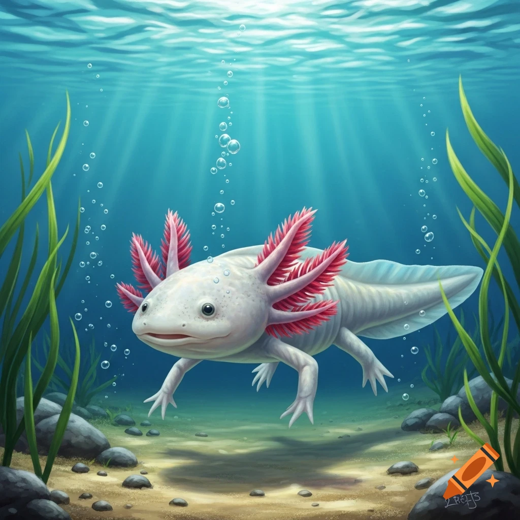 A white axolotl with bright pink feathery gills swims gracefully in clear blue water, surrounded by green aquatic plants and pebbles on the sandy bottom. Sunlight streams from above.