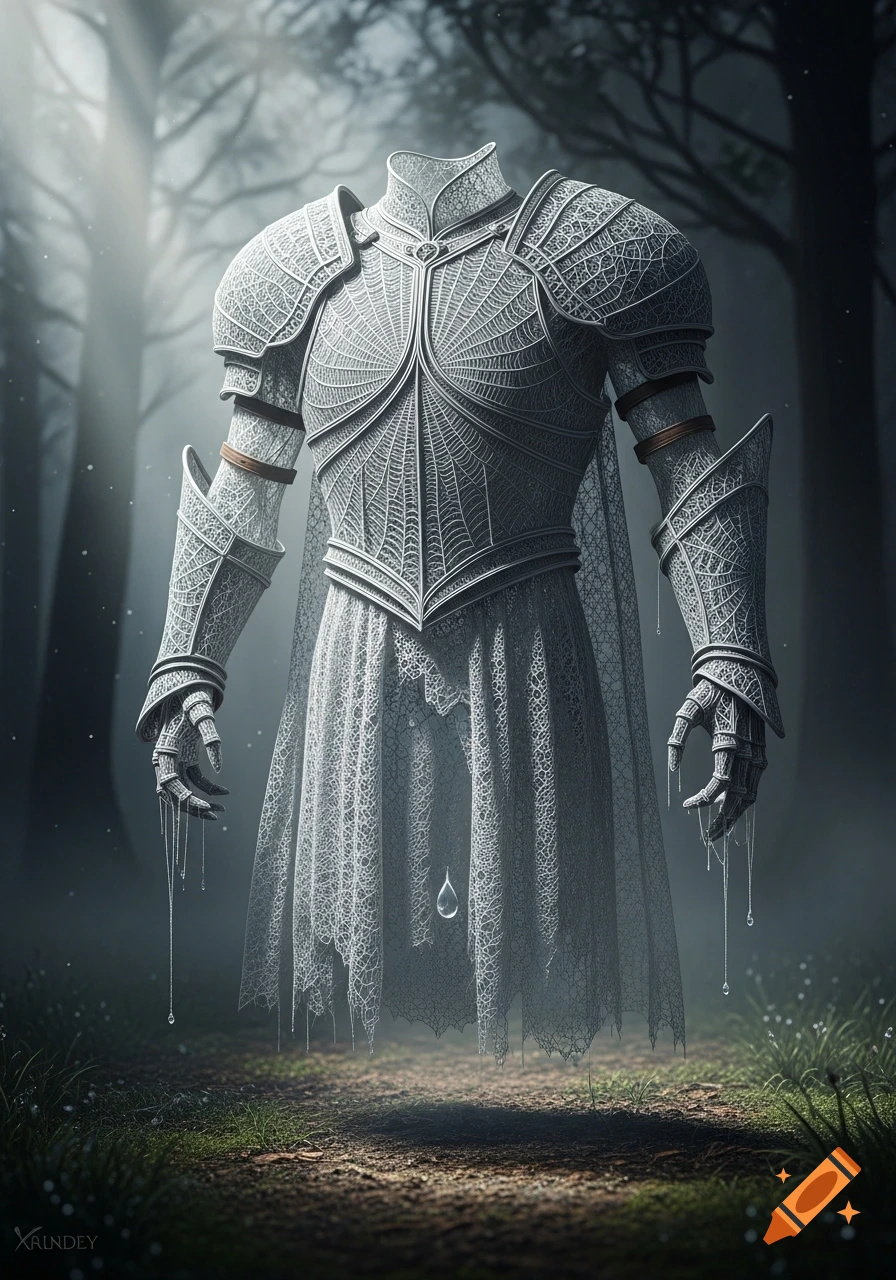A suit of intricately detailed spider web armor, with a flowing translucent skirt and dripping water droplets, floats in a misty, dark forest.