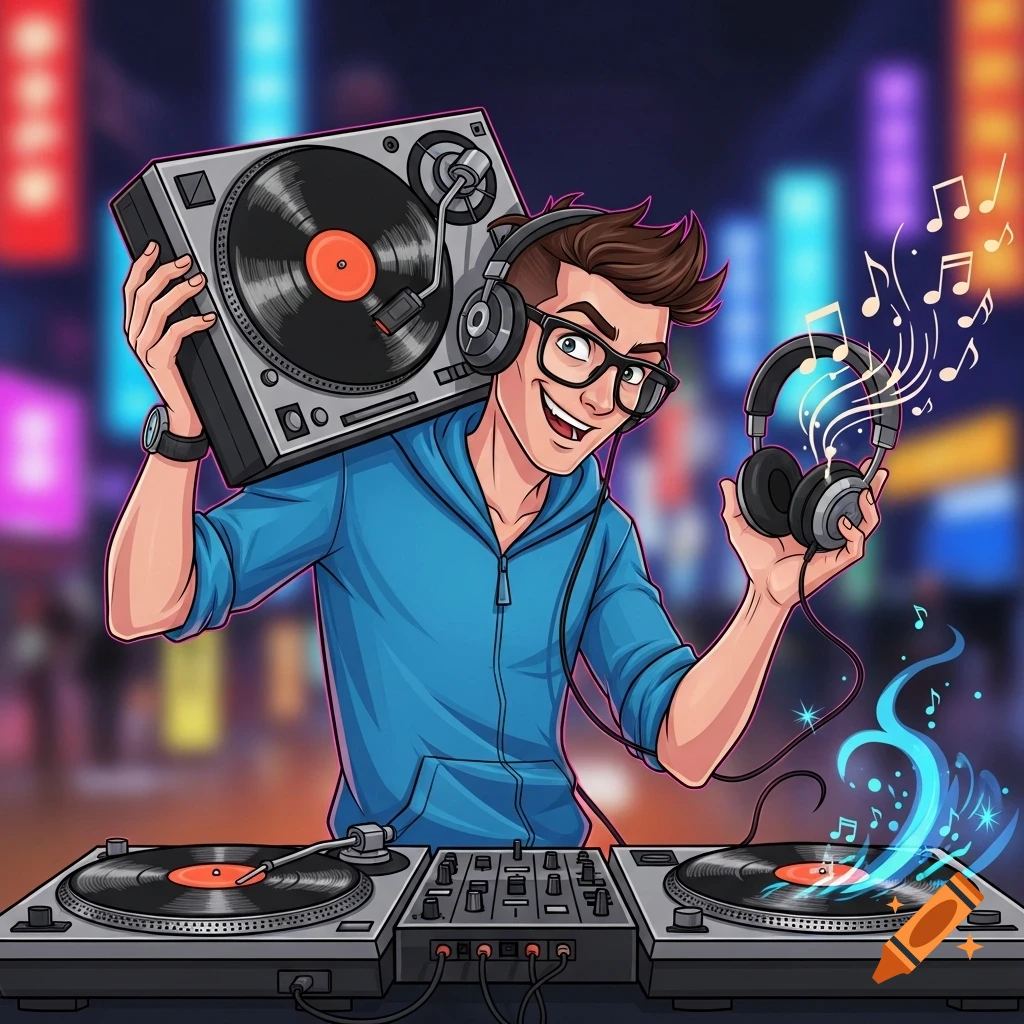 Cartoon DJ wearing headphones and glasses, smiling while holding a turntable on his shoulder and another pair of headphones, with DJ equipment on a table in front of a blurred city nightlife background.