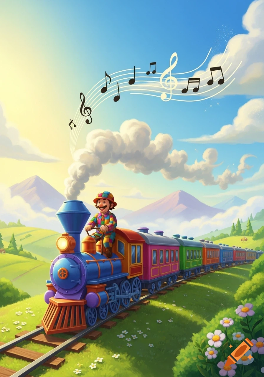 A colorful cartoon train with a conductor on a track in a vibrant green landscape, emitting musical notes into a sunny sky.