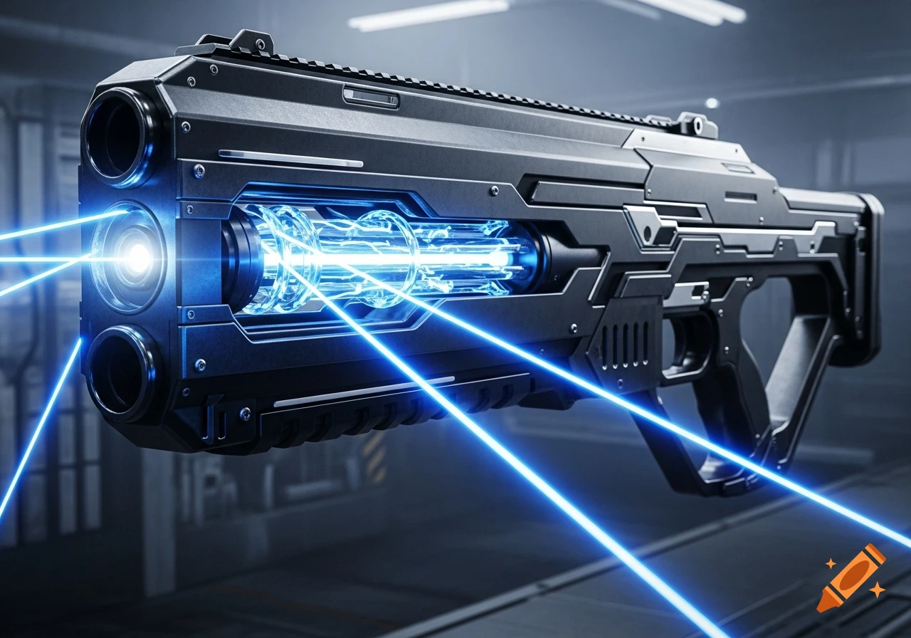 A photorealistic futuristic laser gun, black metallic with blue glowing energy, against a dark metallic background.