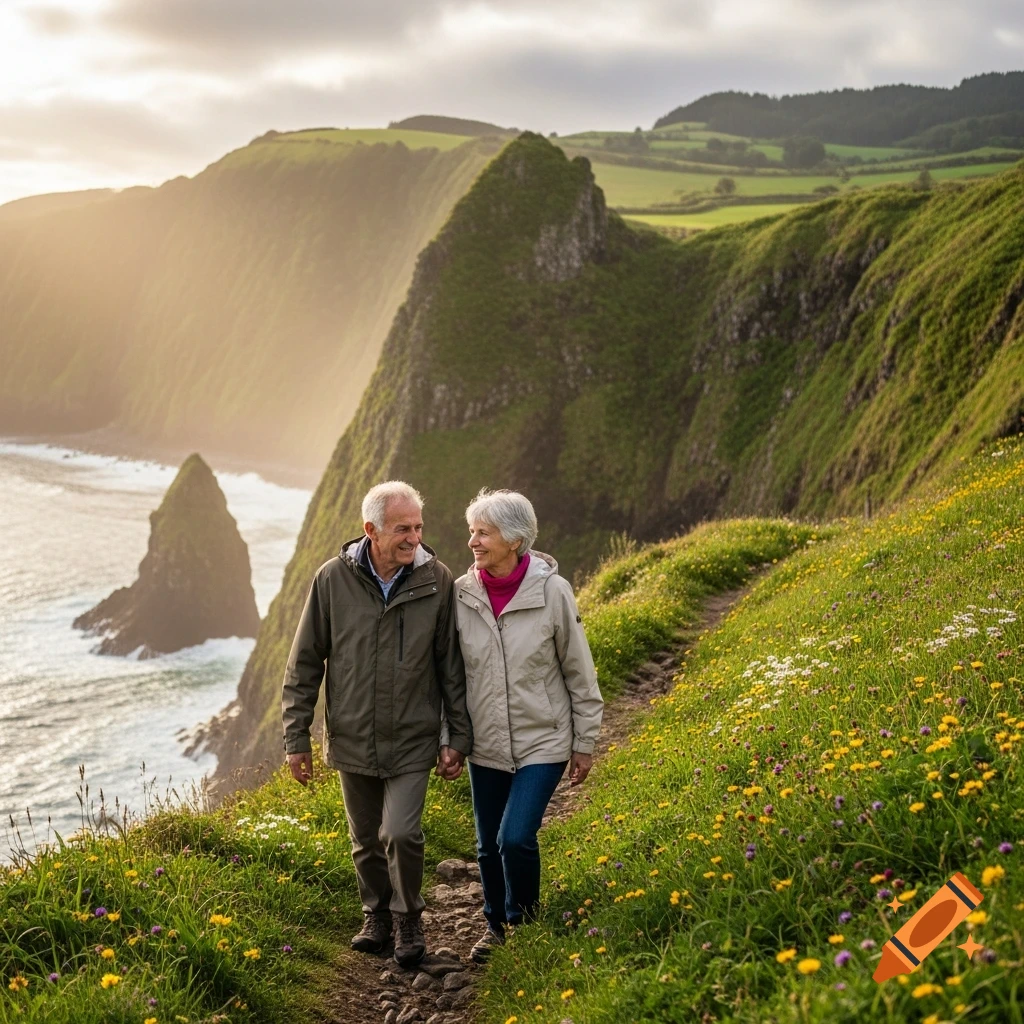 An elderly couple walks hand-in-hand on a scenic coastal path with green cliffs, the ocean, and wildflowers under a soft sky.