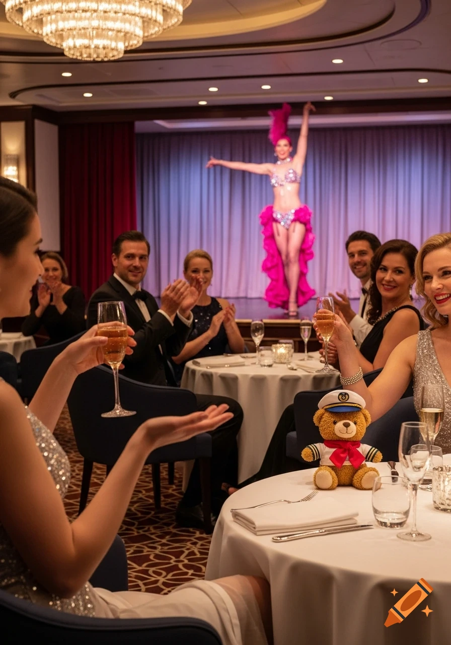 A burlesque dancer performs in a cruise ship bar as elegantly dressed guests applaud, with a teddy bear on a table in the foreground.