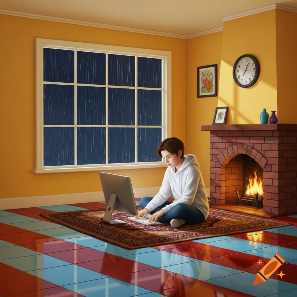 A person sits on a rug, working on a computer in a cozy room with yellow walls, a fireplace, and a window showing rain.