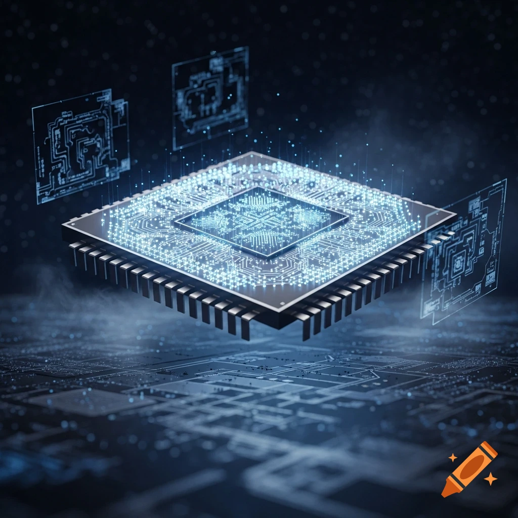 A glowing, futuristic microprocessor floats above a circuit board with holographic diagrams in a dark, digital setting.