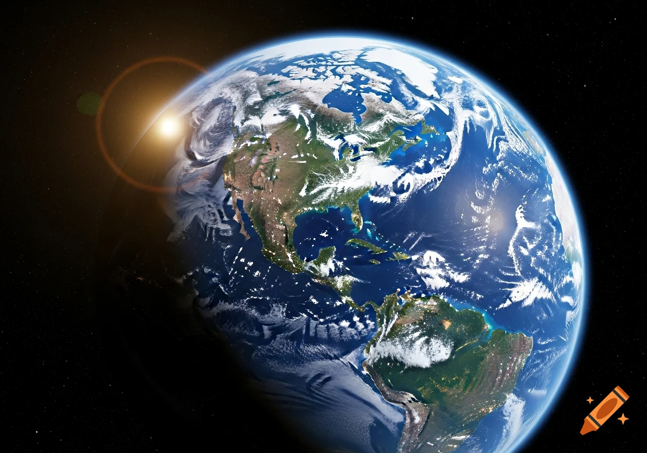 Photorealistic image of Earth from space, with the sun rising over the horizon and visible continents.