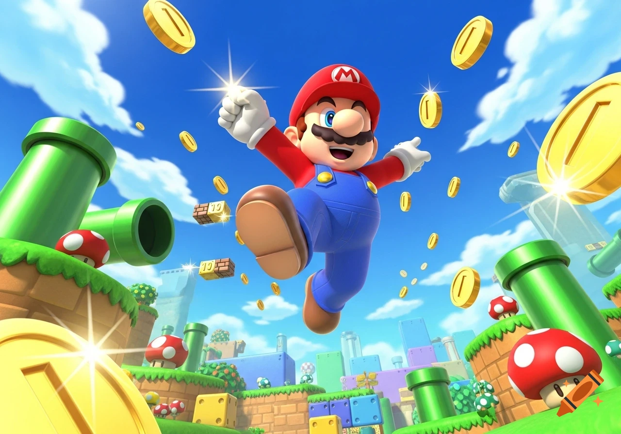 Mario jumps gleefully amidst green pipes, red mushrooms, and floating gold coins against a bright blue sky in a vibrant video game world.