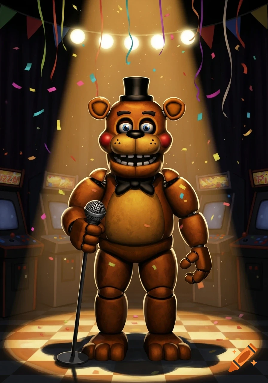 A brown animatronic bear, Toy Freddy, in a top hat and bowtie, holds a microphone on a confetti-strewn stage with arcade machines in the background.