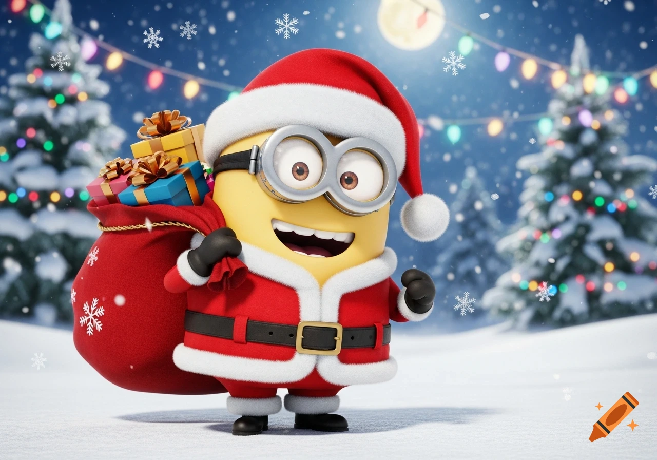 A cheerful Minion, Kevin, dressed as Santa Claus, smiles while carrying a red sack of gifts in a snowy Christmas wonderland.