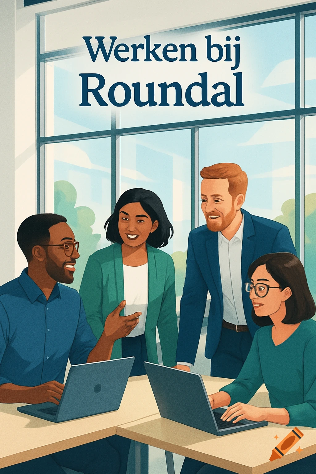 An illustration of a diverse team of professionals smiling while working on laptops in a bright office, text reads 'Werken bij Roundal'.