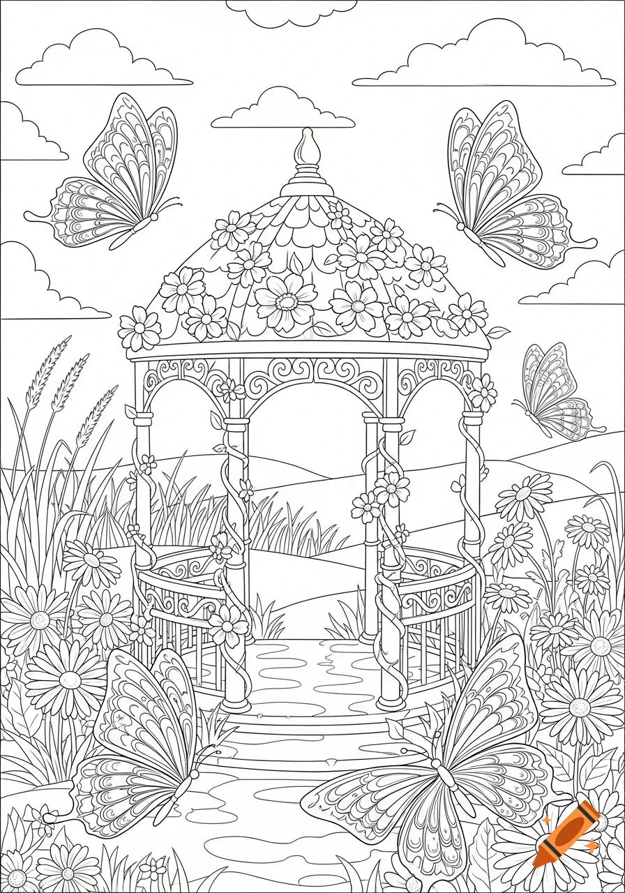 Black and white coloring page of a garden gazebo surrounded by flowers and butterflies under a cloudy sky.