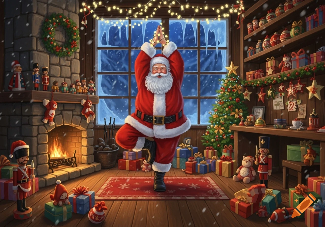 A jolly Santa Claus in a red suit performs a tree pose yoga stretch in a cozy, snow-covered, festive Christmas room filled with gifts, a fireplace, and a decorated tree. The scene is illuminated by string lights.