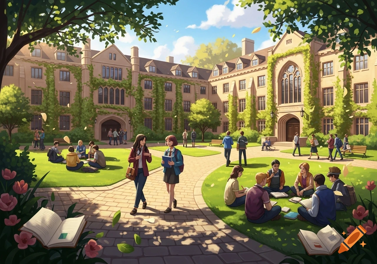 An animated illustration of students studying and socializing on a sunny university campus with large, ivy-covered buildings.