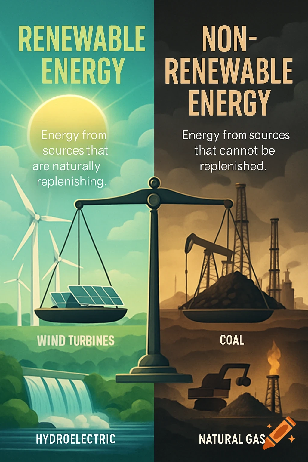A poster illustrating renewable and non-renewable energy sources balanced on a scale. Renewable side shows sun, wind turbines, solar panels, and hydroelectric power. Non-renewable side shows oil derricks, coal, and natural gas.