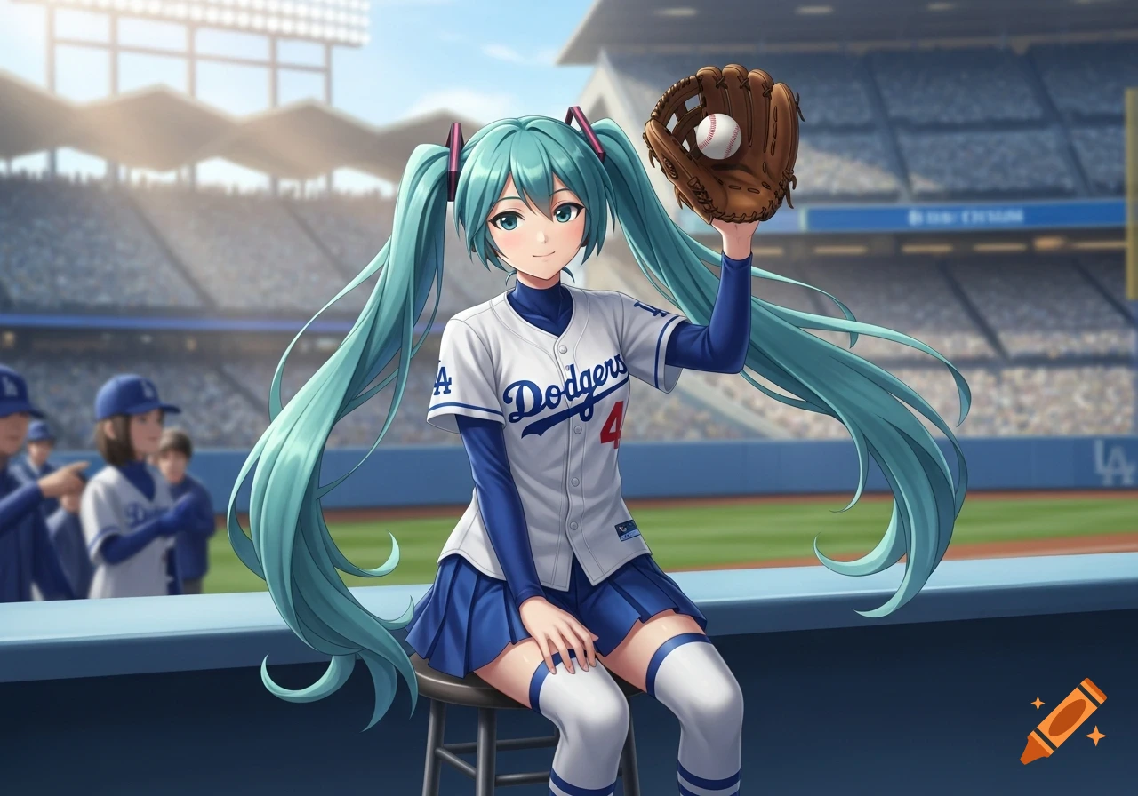 Hatsune Miku in a Dodgers baseball uniform, holding a glove with a baseball, sitting on a stool in a stadium.