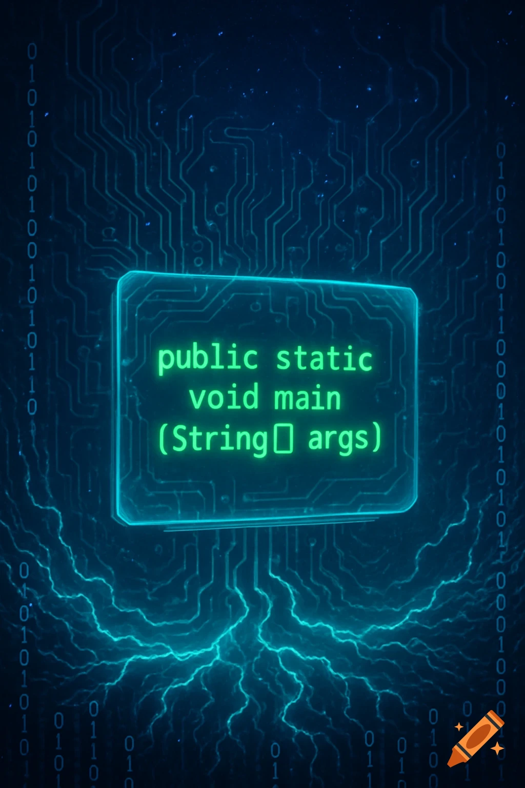 A glowing green 'public static void main(String[] args)' code snippet in a stylized frame on a dark blue circuit board background with binary code.