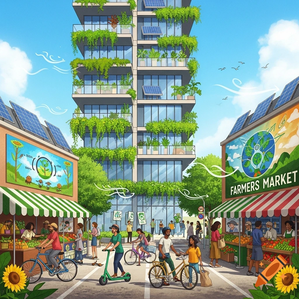 A vibrant cartoon scene of a green city street with a plant-covered building, solar panels, and people walking and cycling around a lively farmers market.