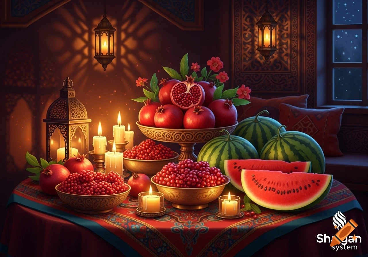 A vibrant Yalda Night celebration table with pomegranates, watermelons, and glowing candles in an ornate, warmly lit room.
