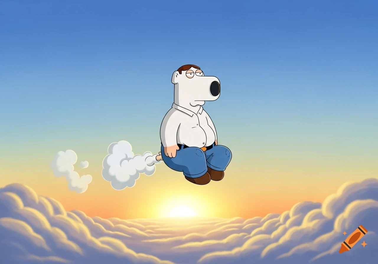 A cartoon Peter/Brian Griffin hybrid character flies above clouds using farts, legs crossed in a meditation pose, against a sunrise sky.