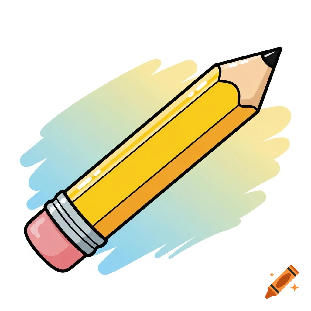 A bright yellow cartoon pencil with a pink eraser, depicted in a cheerful style against a blue and yellow brush stroke background.