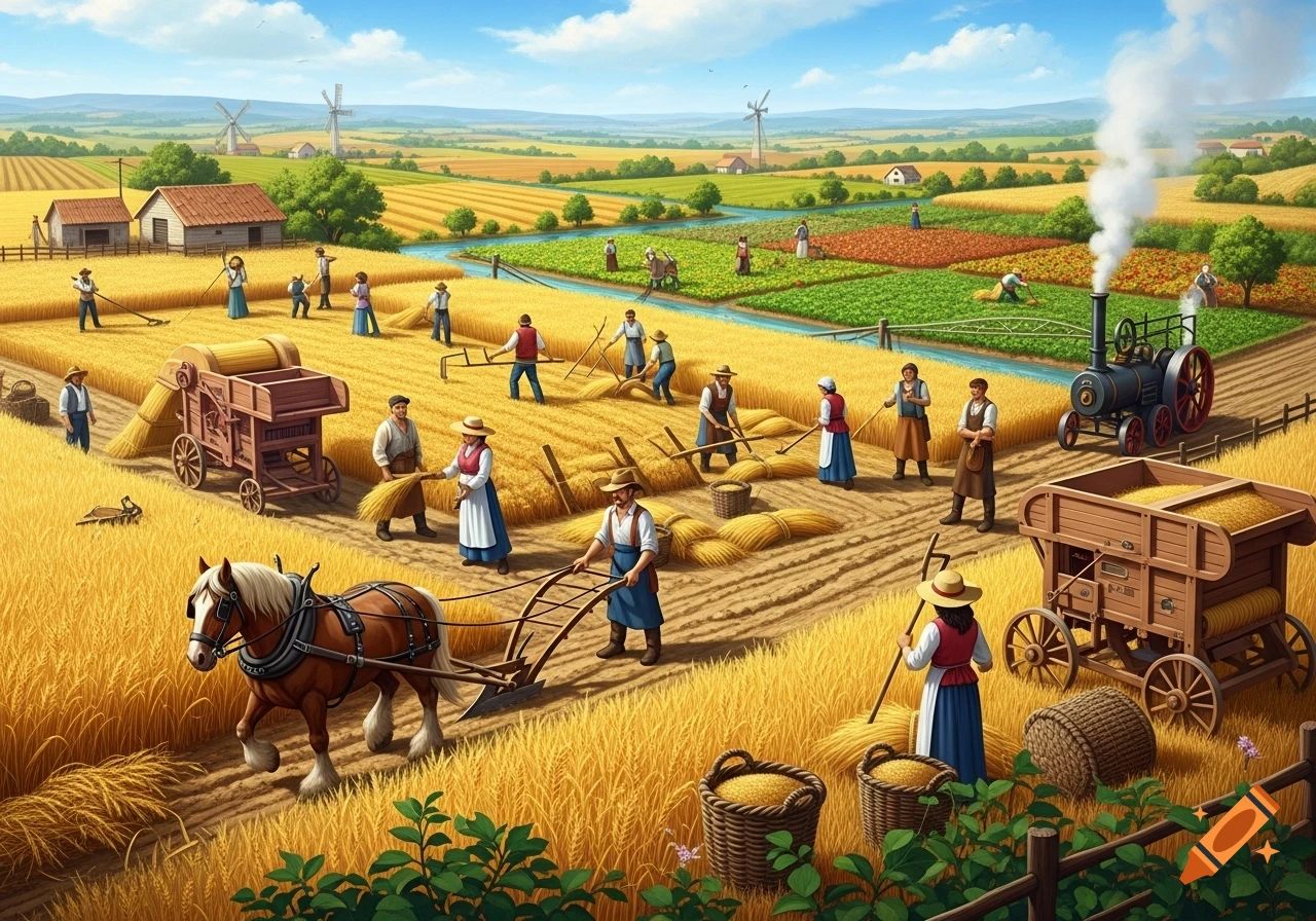Illustrative scene of farmers harvesting grain with horses, plows, and early machinery in a vibrant rural landscape.