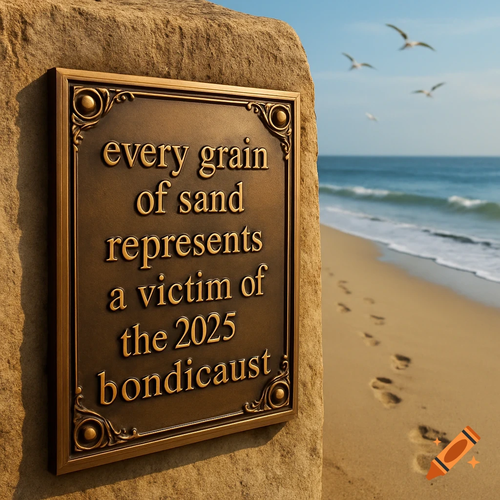A bronze plaque on a sandstone block on a beach, with the sea and seagulls in the background. The plaque reads 'every grain of sand represents a victim of the 2025 bondicaust'.