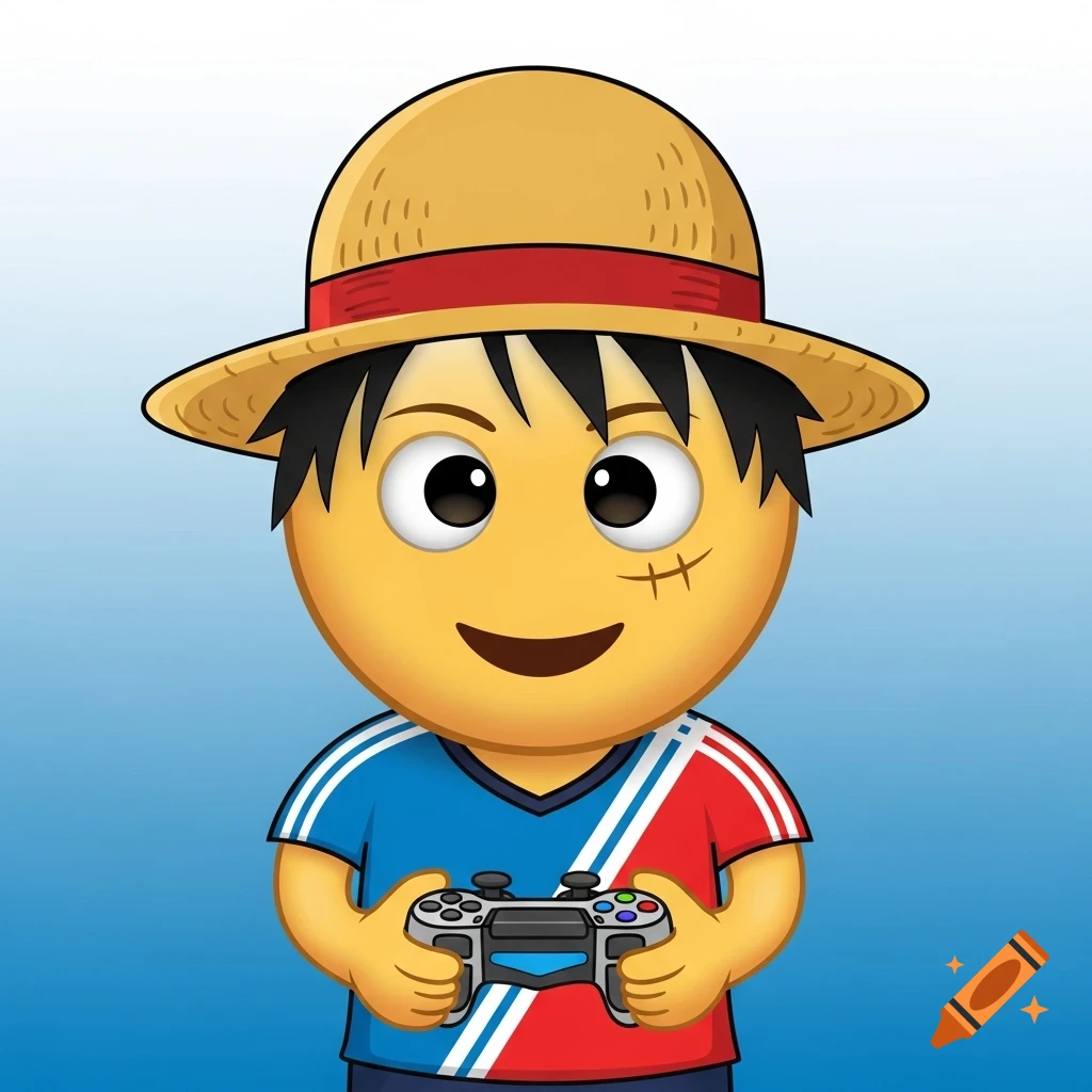 A cartoon emoji character with a straw hat and scar, wearing a red and blue handball jersey, holding a video game controller.
