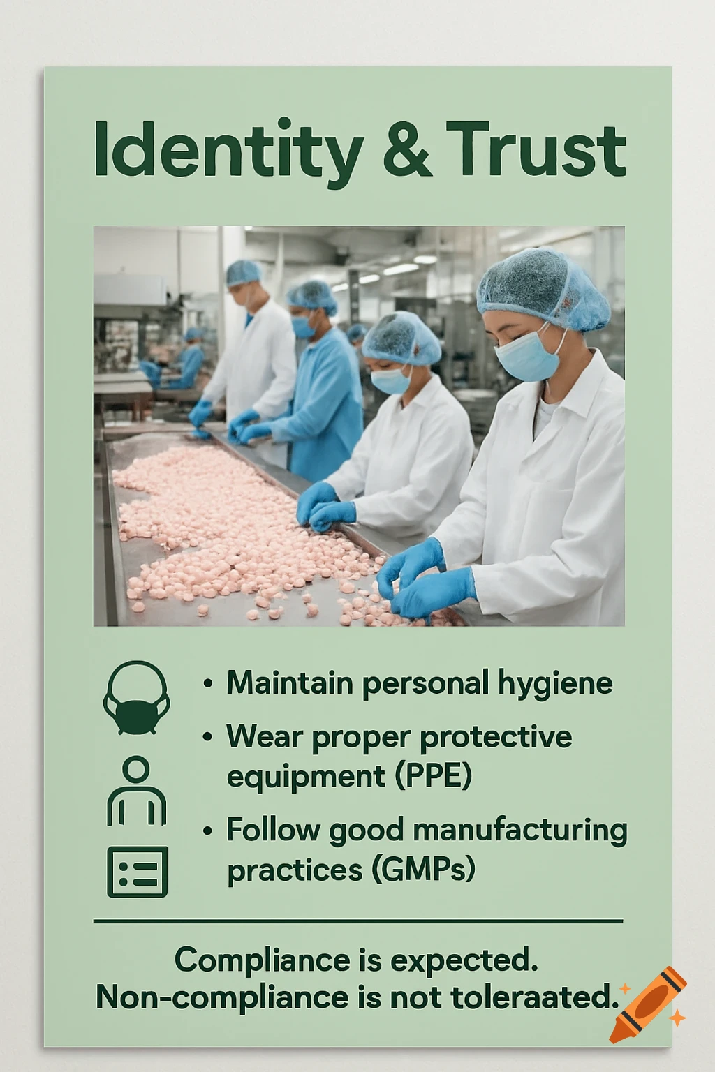 A green industrial safety poster titled 'Identity & Trust' shows workers sorting candies on a conveyor belt, with bullet points on hygiene and GMPs, and a footer.