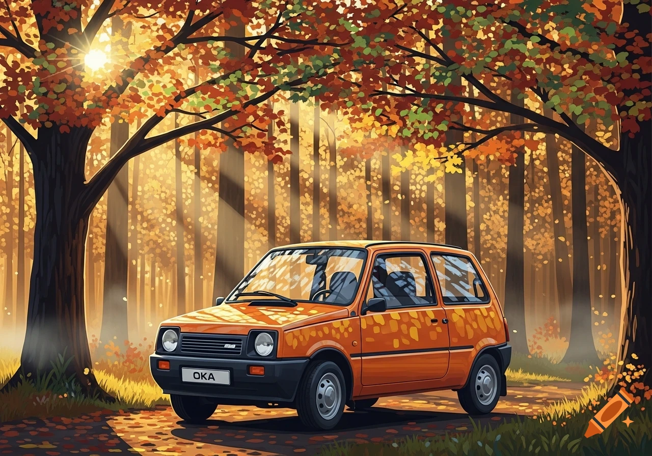 An orange Oka car parked on a dirt path in a vibrant autumn forest with sunlight filtering through colorful leaves.