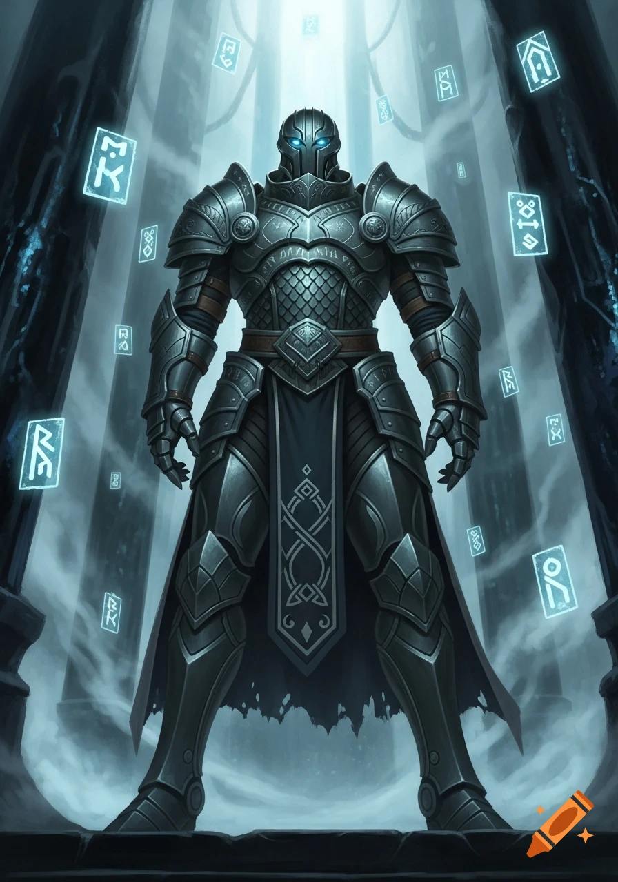 A tall, dark teal warforged in ornate plate armor with glowing blue eyes stands in a misty, dark hall, surrounded by floating blue runes.