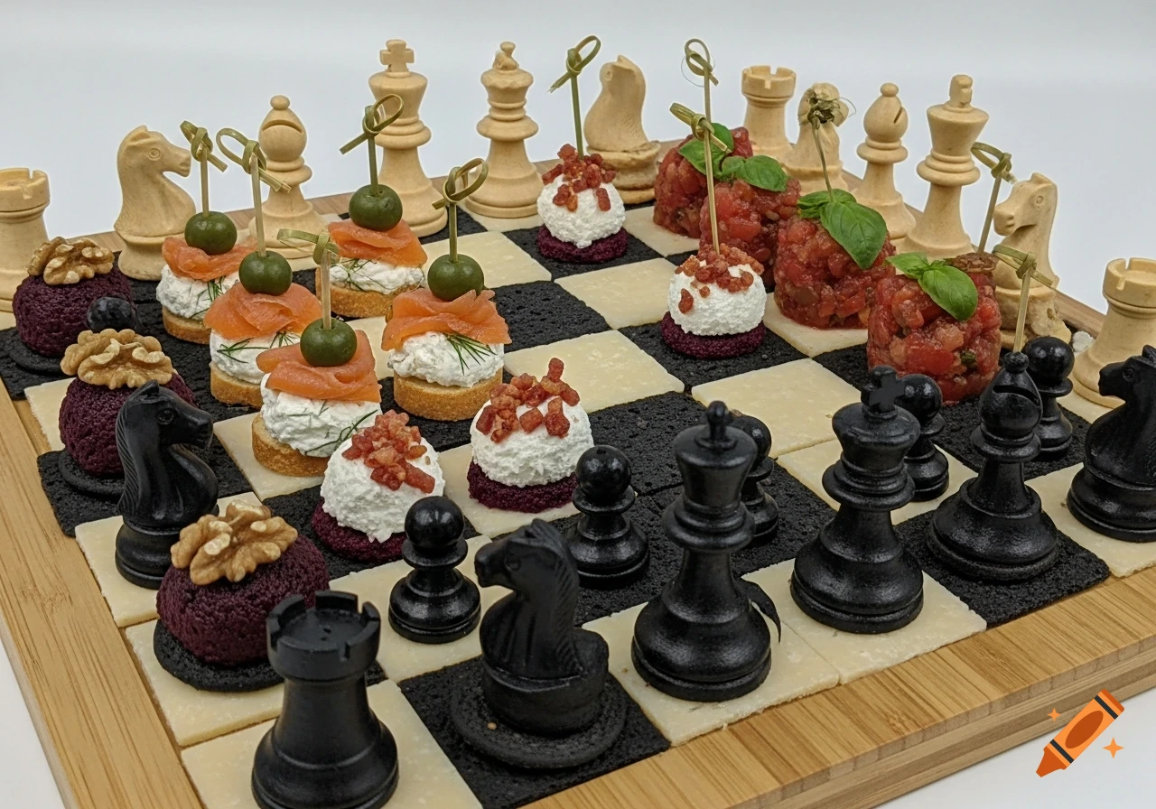 A chessboard made of parmesan and black blinis, with edible chess pieces including salmon canapes, tomato tartare, and beetroot quenelles.