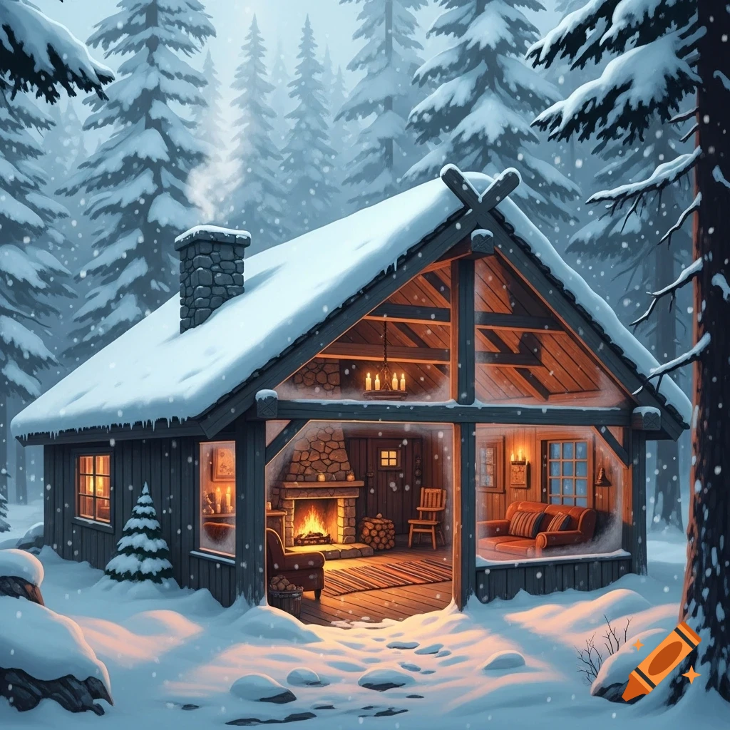 Illustrated cozy snow-covered cabin with warm lights and smoke from the chimney, surrounded by a winter forest with falling snow.