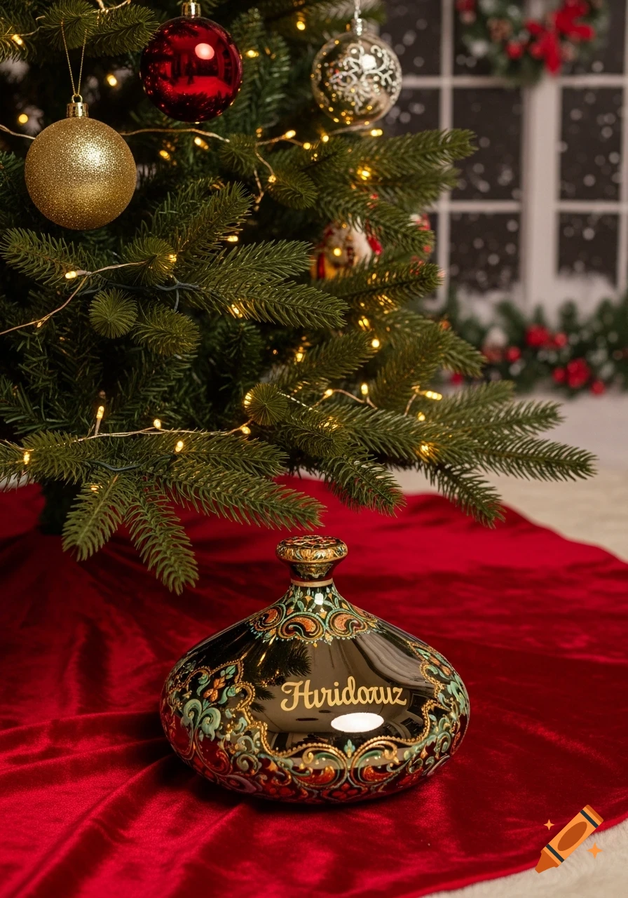 A black and gold decorative vase with the word 'Hridoruz' sits on a red velvet tree skirt under a decorated Christmas tree.