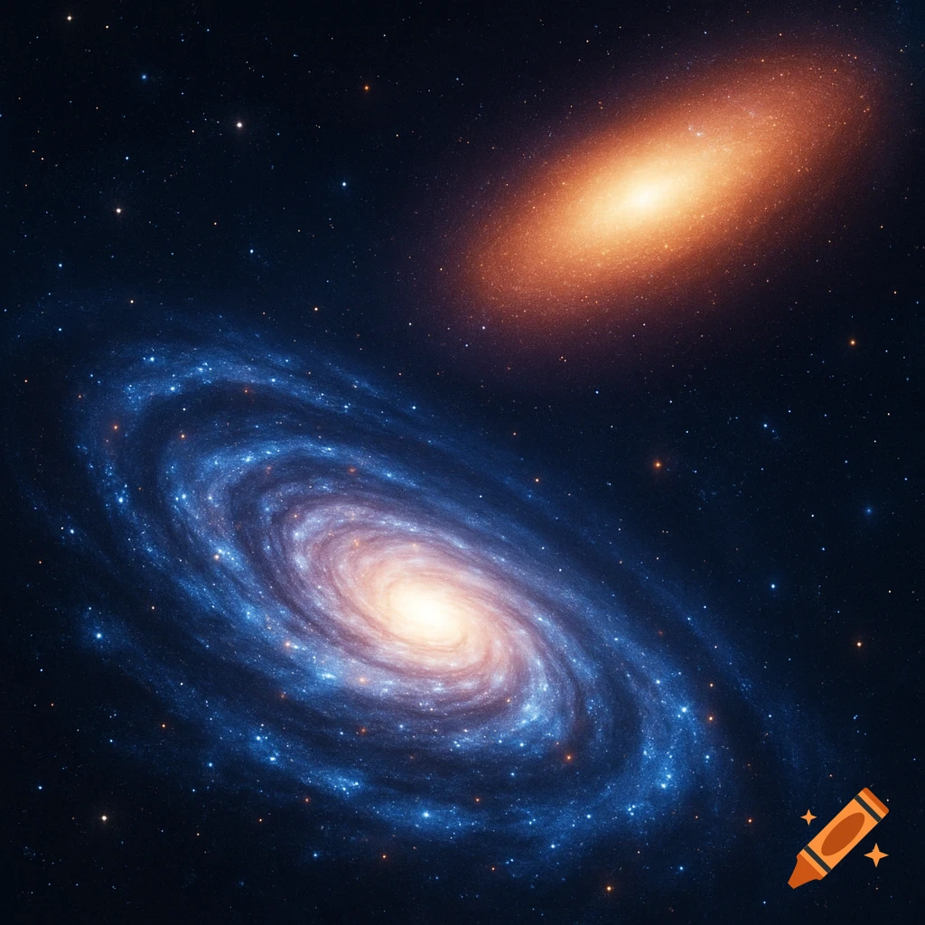 A blue spiral galaxy and an orange elliptical galaxy against a dark, star-filled space.
