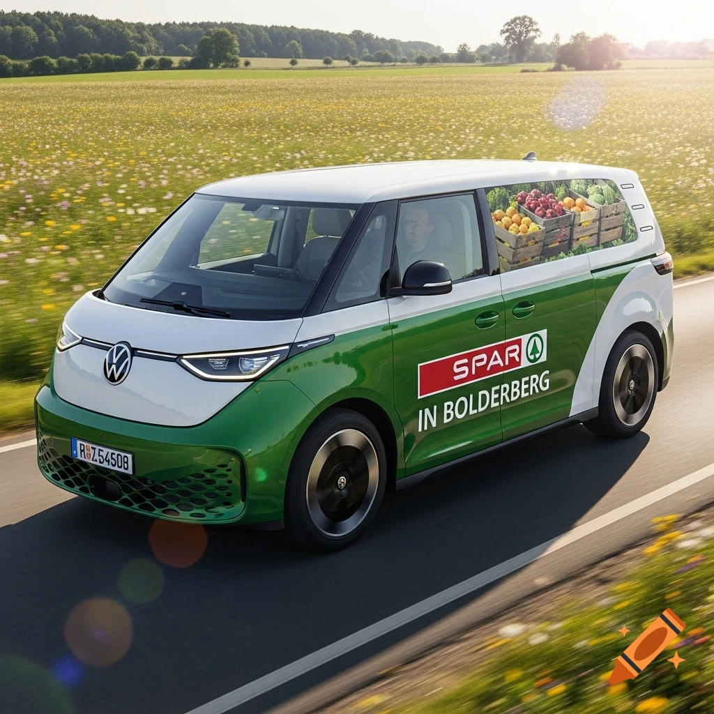A white and green Volkswagen ID Buzz cargo van, branded "SPAR IN BOLDERBERG" and depicting fresh foods, drives on a road through a sunny field.