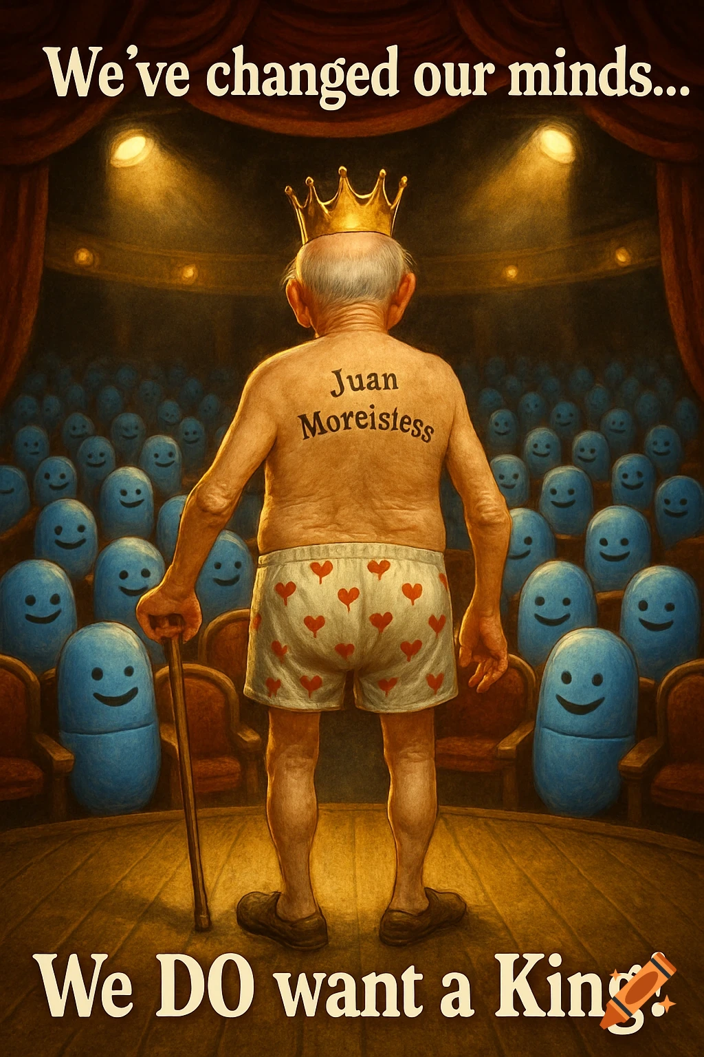 An old, balding man in a crown and heart-patterned boxer shorts stands on a stage, facing an audience of smiling blue pills.