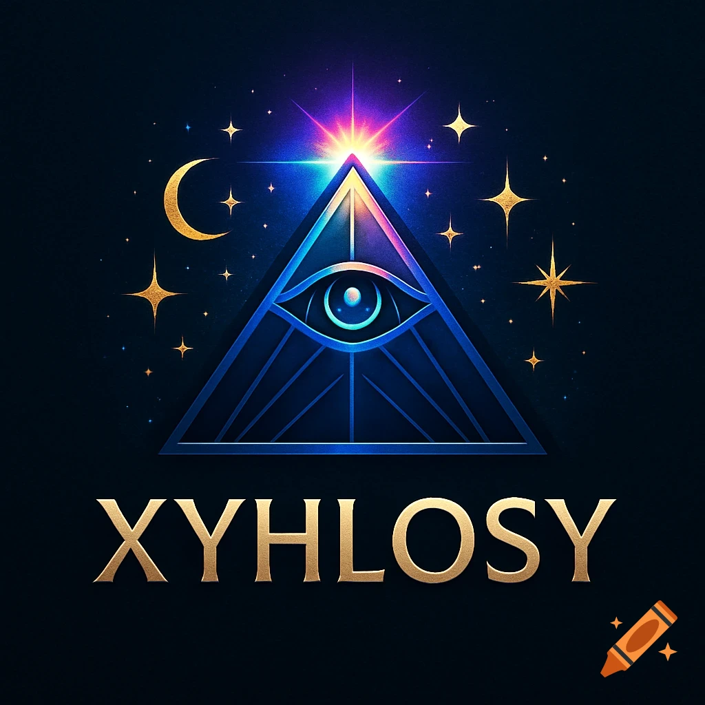 A blue pyramid with an illuminated eye, golden stars, and a crescent moon on a dark, starry background, with gold text 'XYHLOSY' below.