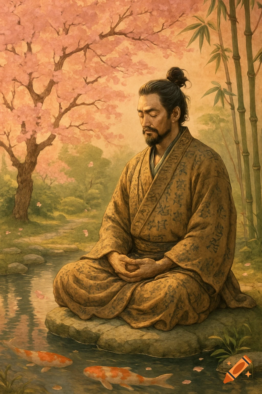Man with a beard and topknot meditating by a pond with koi fish in a serene cherry blossom and bamboo garden, painting style.