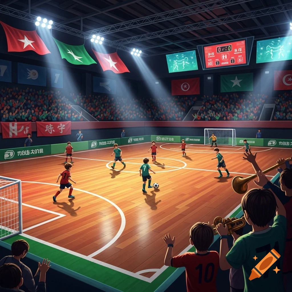 Children playing futsal in an indoor stadium with spectators, scoreboards, and bright lights.