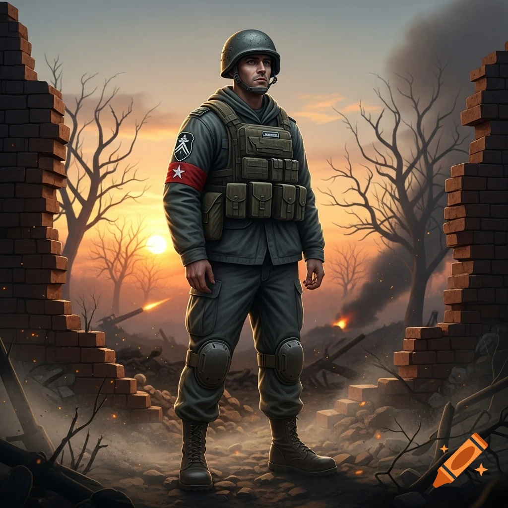 A determined soldier in tactical gear stands amidst a war-torn landscape with ruined buildings and bare trees at sunset.