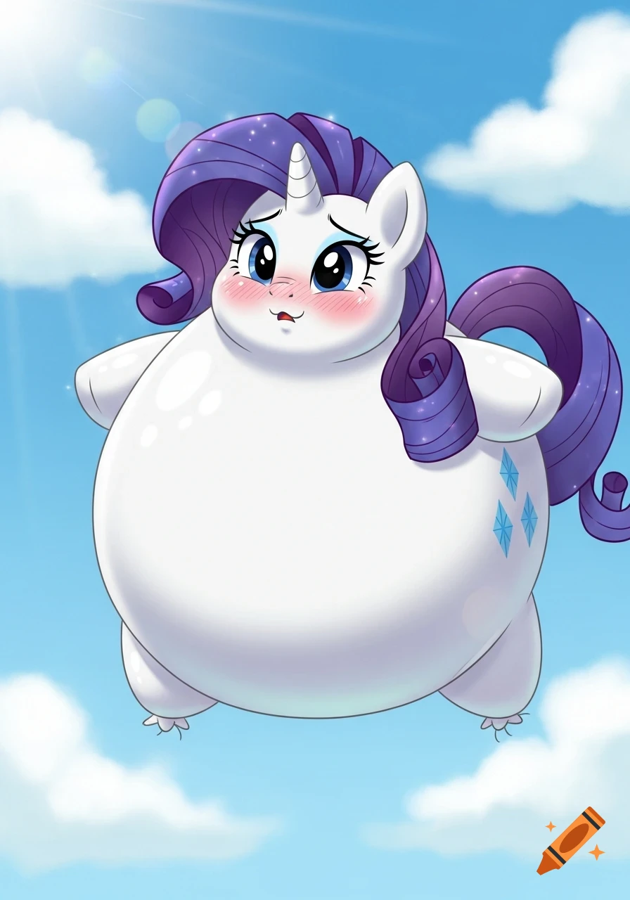 Cartoon Rarity from My Little Pony, inflated into a giant, blushing balloon, floats in a blue sky with clouds.
