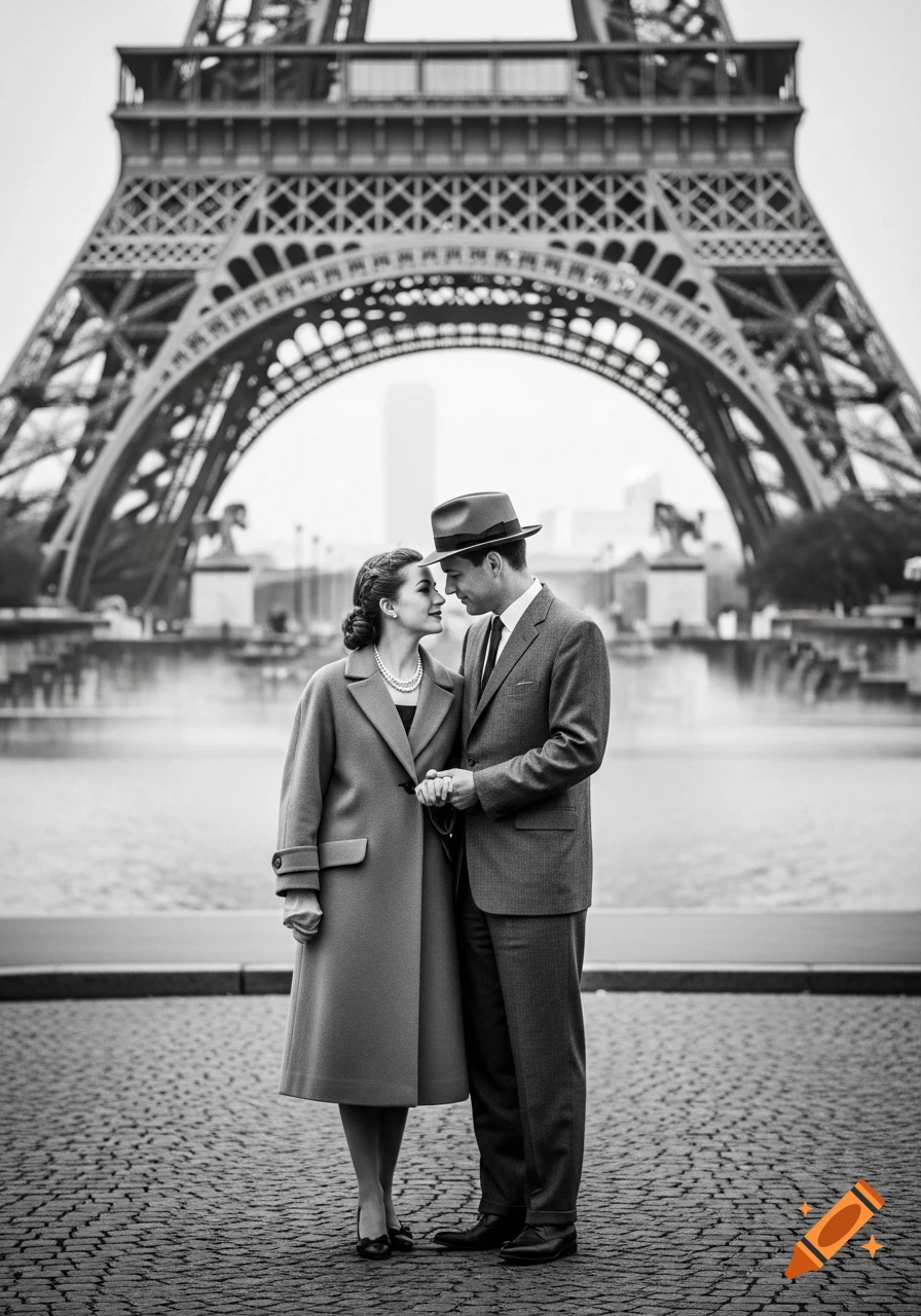 Black and white photograph of a 1950s couple holding hands, gazing at each other in front of the Eiffel Tower in Paris.