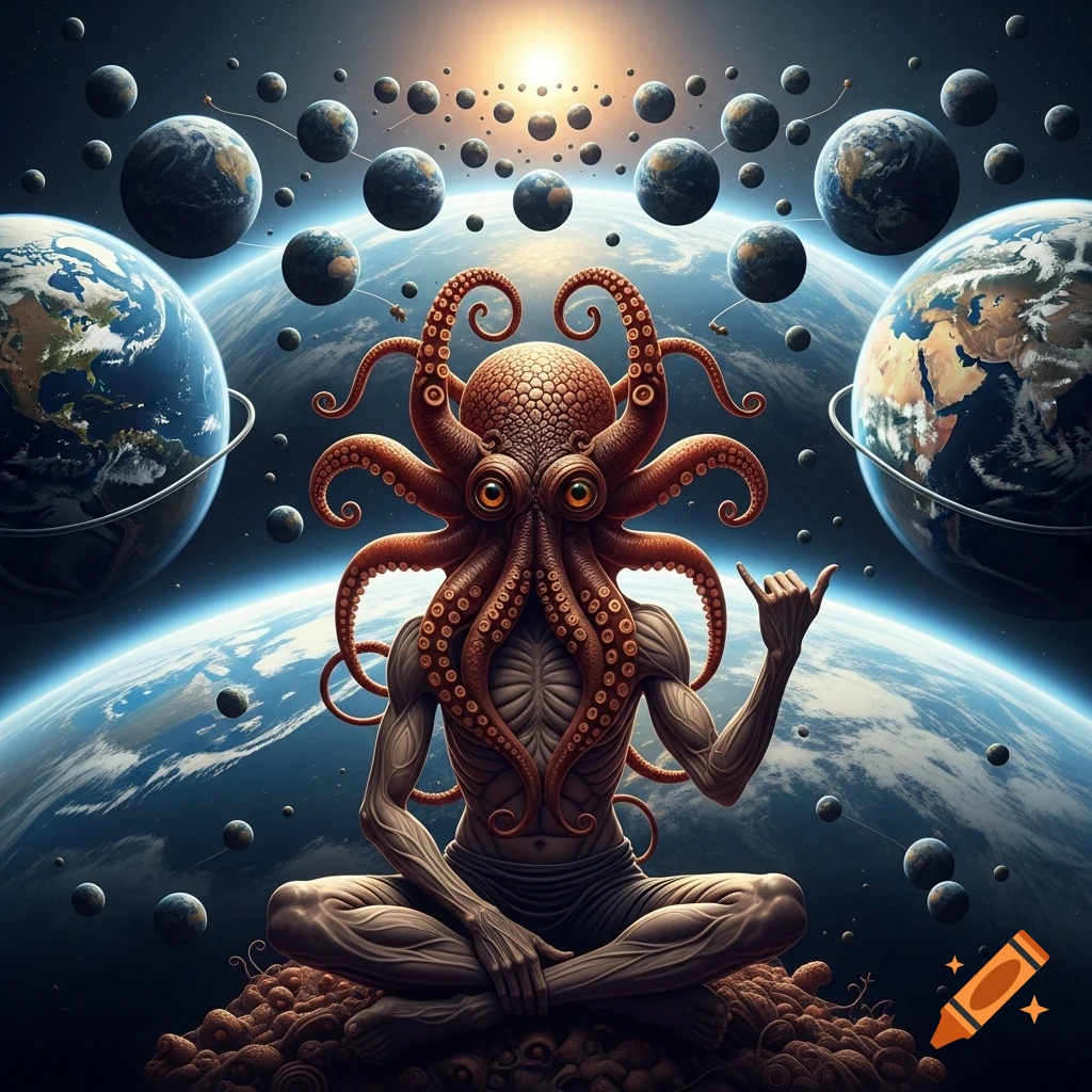 A surreal image of an octopus-headed man with a human body, sitting cross-legged in a lotus position, making a "hang loose" sign, surrounded by numerous planets and a cosmic background.
