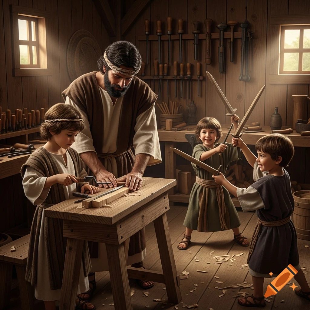 A man teaches a boy woodworking in a rustic shop, while two other boys play sword fighting with wooden swords nearby.