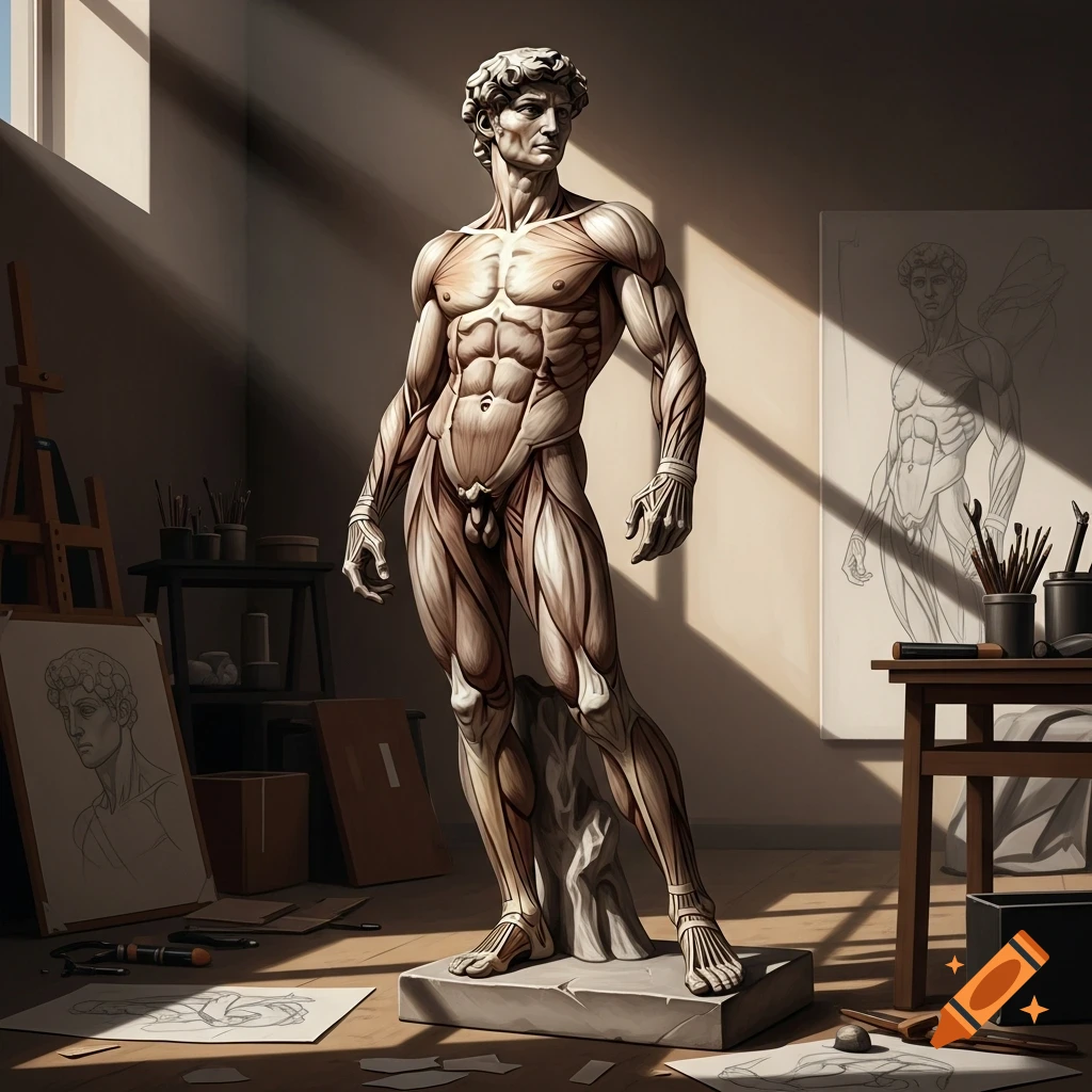 Anatomy model of a man, resembling a classical sculpture, stands in an artist's studio with drawings and art supplies.