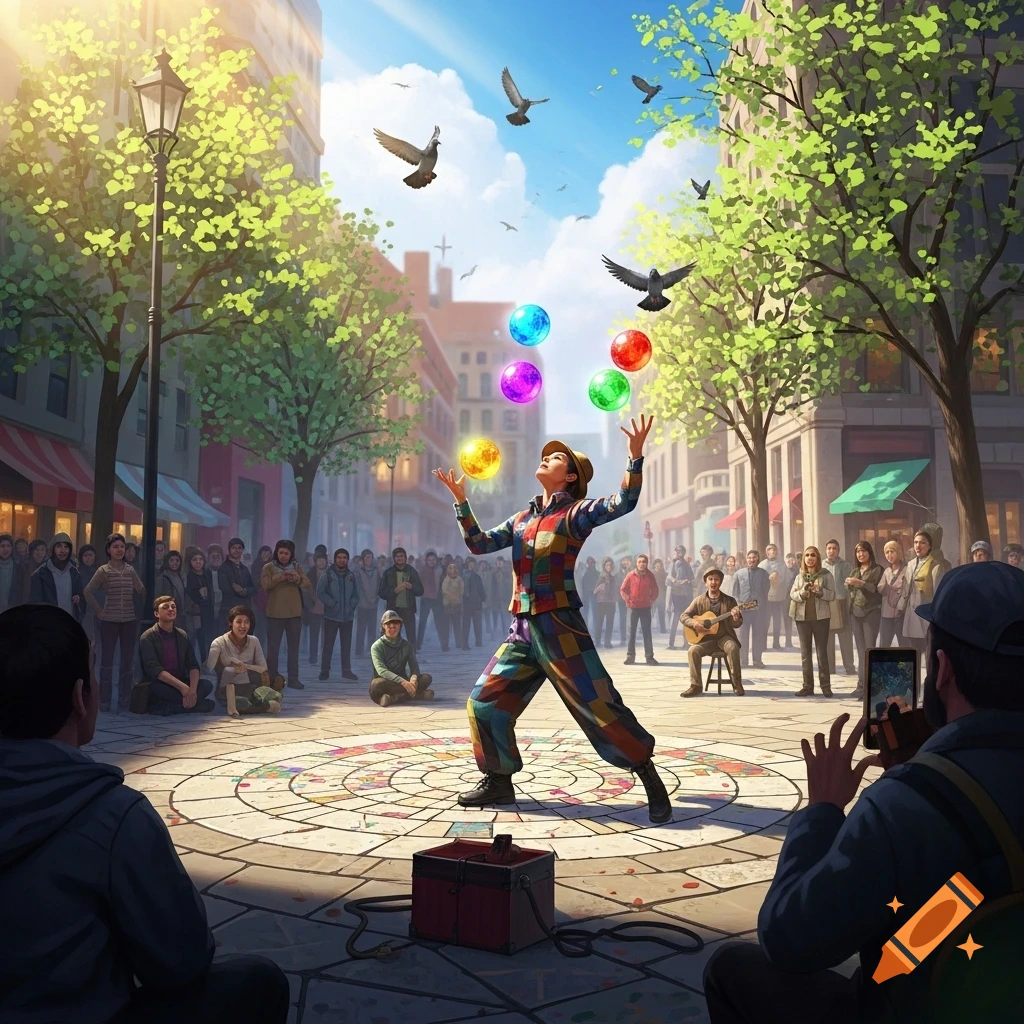 A colorful street performer juggles glowing orbs in a city square, surrounded by a crowd and pigeons flying overhead under a bright sky.