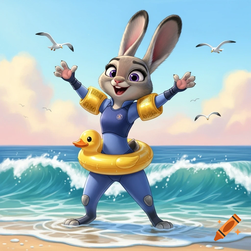 Judy Hopps from Zootopia, a gray rabbit, stands happily in shallow ocean water at a beach, wearing a blue swimsuit, yellow arm floaties with gibberish text, and a yellow rubber ducky swim ring. Seagulls fly overhead in the clear sky.