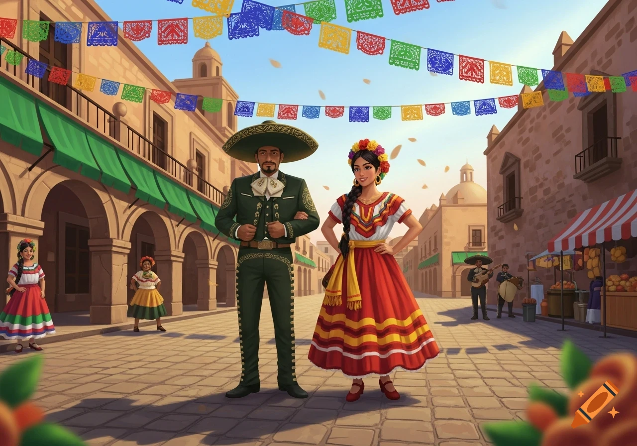 A man in a charro suit and a woman in a colorful traditional dress stand in a festive Mexican town square with papel picado banners.